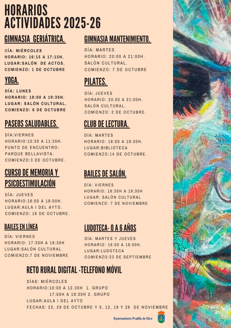 días y horarios de las actividades previstas para el curso 2025-2026.